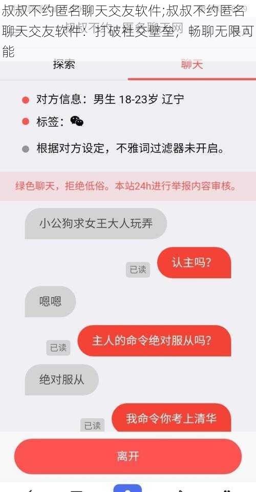 叔叔不约匿名聊天交友软件;叔叔不约匿名聊天交友软件：打破社交壁垒，畅聊无限可能