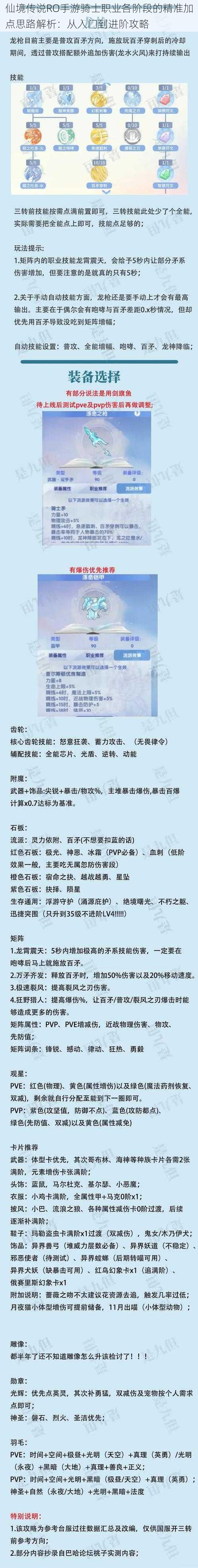 仙境传说RO手游骑士职业各阶段的精准加点思路解析：从入门到进阶攻略